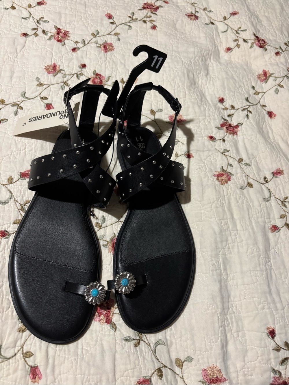 Studded Black Women's Sandals with Turquoise Concho Detail